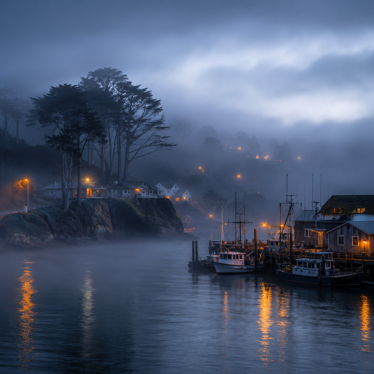 Fog over the working harbor